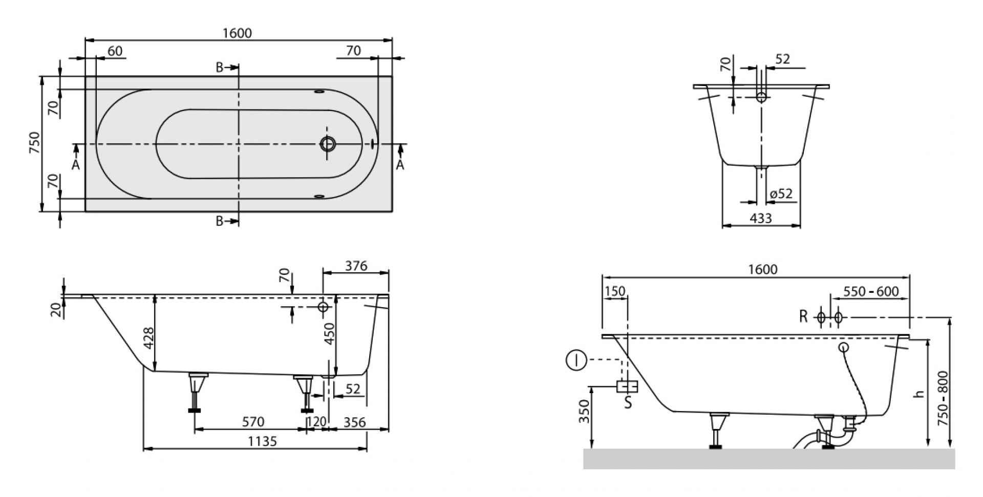 Акриловая ванна 160х75 Villeroy & Boch Oberon UBQ160OBE2V-01