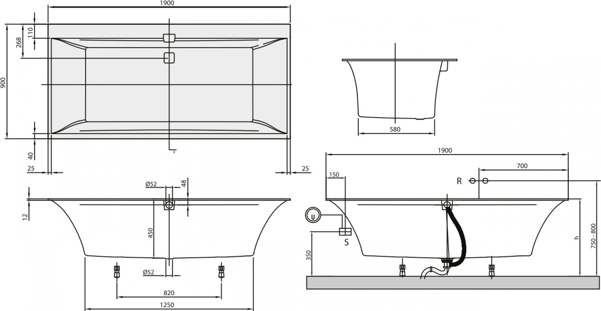 Акриловая ванна 190х90 см Villeroy & Boch Squaro Edge 12 UBQ190SQE2DV-01 alpin