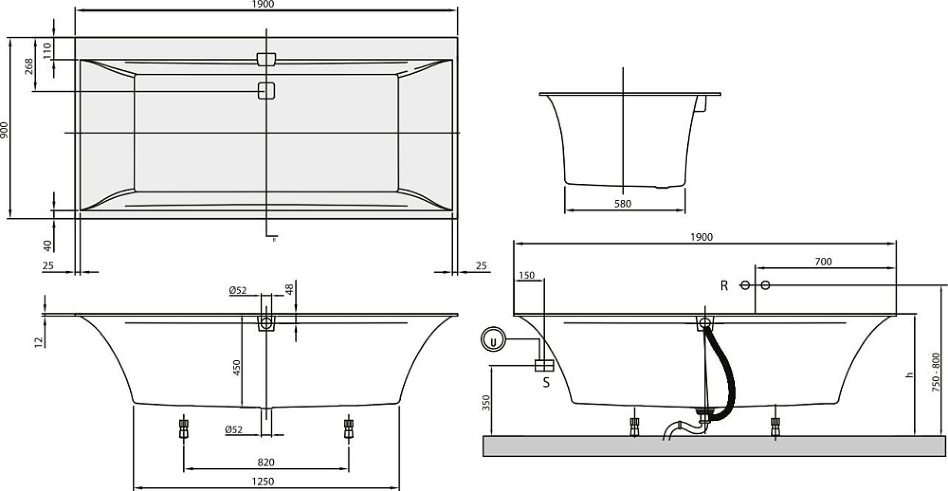 Квариловая ванна 190х90 см Villeroy & Boch Squaro Edge 12 UBQ190SQE2DV-01 alpin