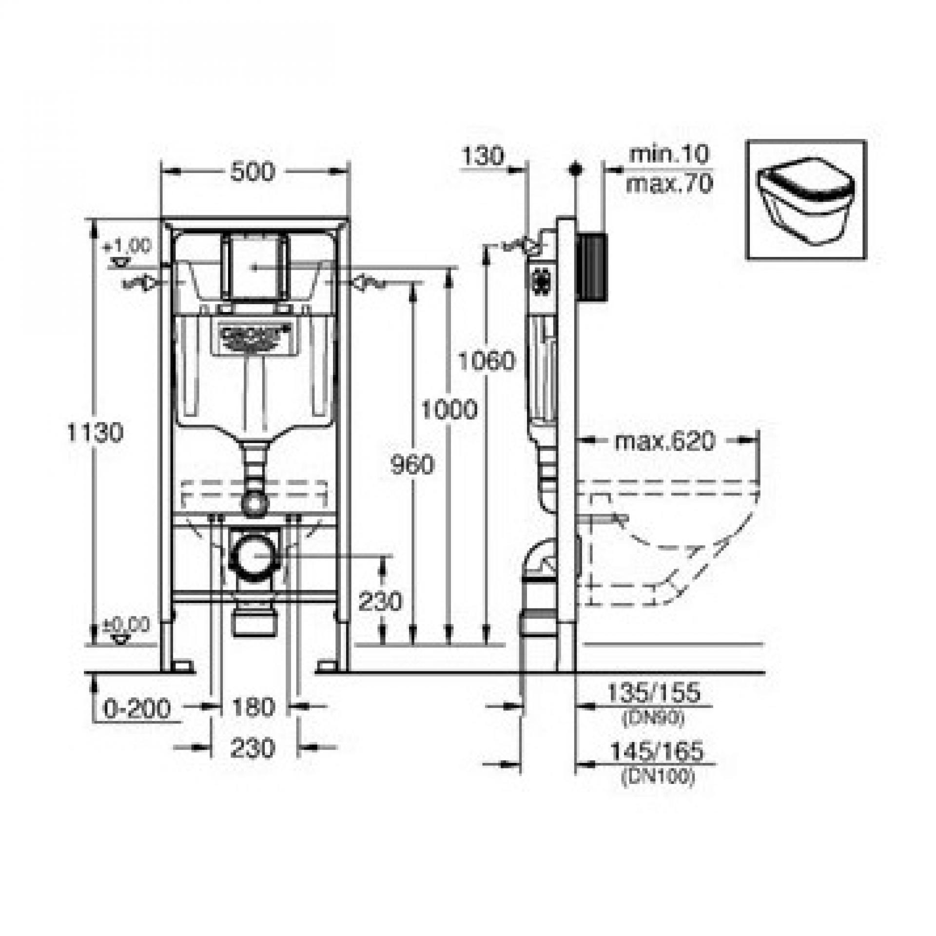 Инсталляция с клавишей смыва Grohe Rapid SL 38721001 с унитазом Villeroy & Boch O'Novo 5660HR01 с сиденьем микролифт