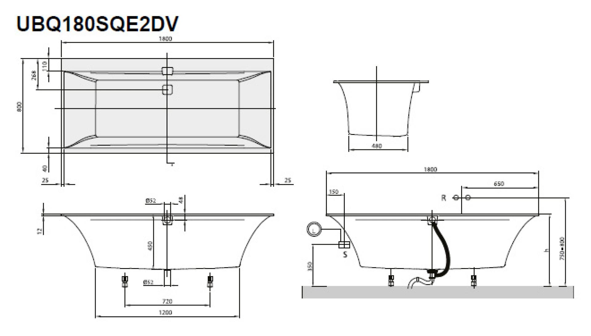 Акриловая ванна 180х80 Villeroy & Boch Squaro Edge 12 UBQ180SQE2DV-01