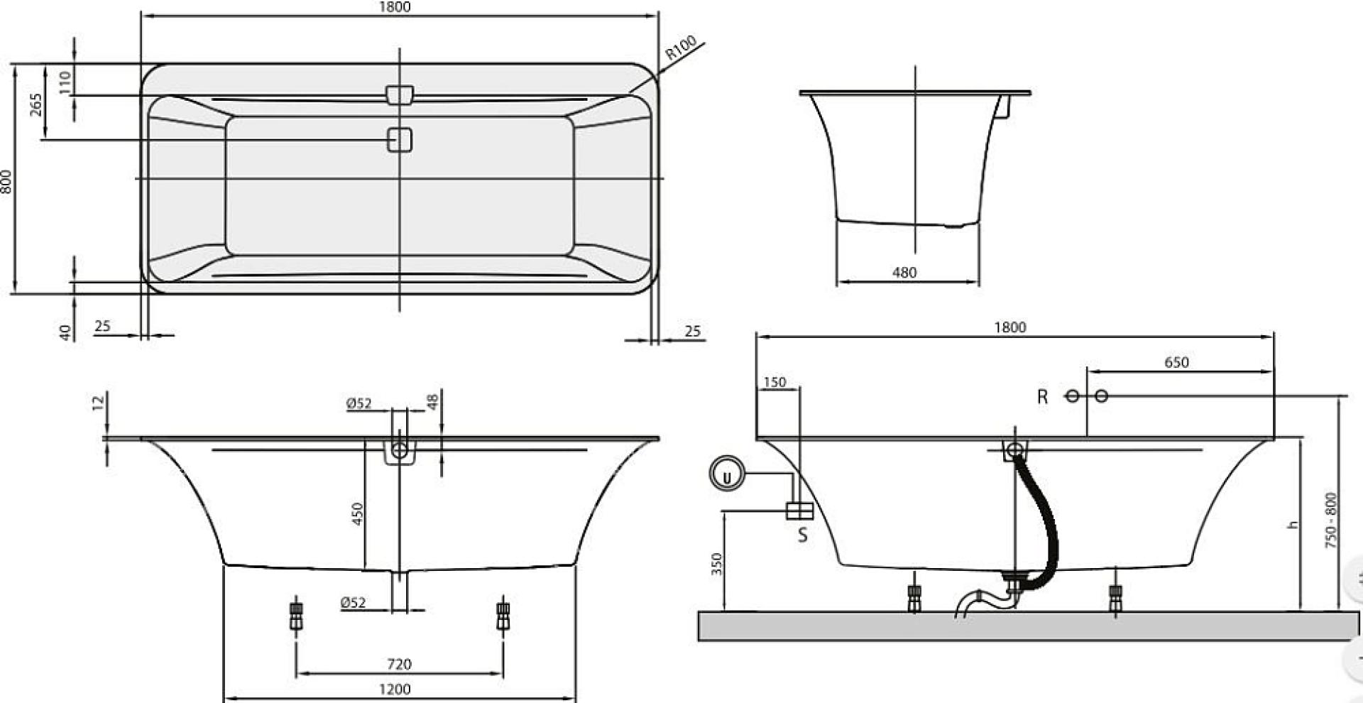 Квариловая ванна 180х80 см Villeroy & Boch Squaro Edge 12 UBQ180SQE7DV-01 alpin