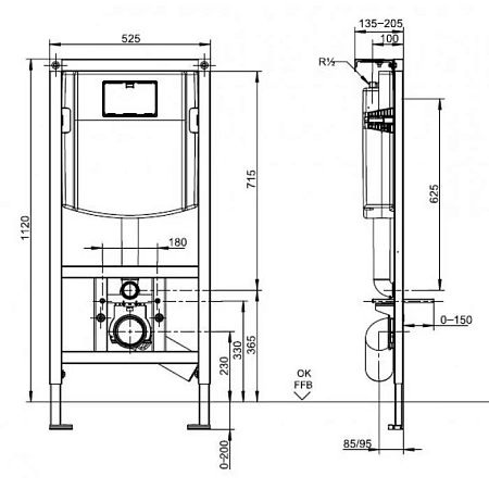 Унитаз подвесной с инсталляцией Villeroy & Boch O.Novo 5660D201, белый, кнопка хром